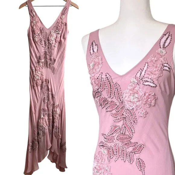 Vintage Sue Wong Silk Beaded Midi Maxi Gown 8 Blush Pink Y2K Fairy Floral Prom - Picture 10 of 10